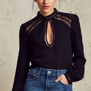 Tularosa Lined Key Hole Blouse Women's Black Poly High Neck Long Sleeve Top XS